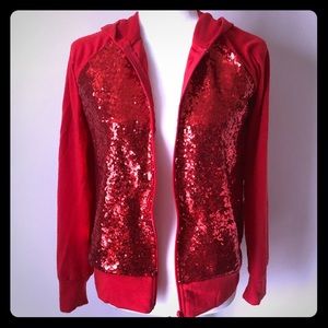 Red Sequined Zip Up Shirt with Hood